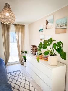 a living room with a white dresser with plants on it at Schönes modernes Einfamilienhaus für 1 bis 6 Personen in Rimpar