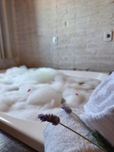 una bañera llena de espuma con una flor. en Pousada Encanto da Serra en Monte Verde