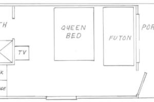 a schematic diagram of a kitchen with a open bed at The Lupine Cabin #10 at Blue Spruce RV Park & Cabins in Tuckerville