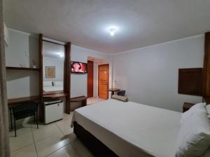 a bedroom with a bed and a desk and a television at Marion Pantanal Hotel in Várzea Grande
