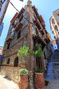 a building with two potted plants in front of it at Riad Gharnata in Chefchaouen