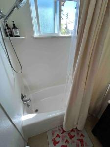 a bathroom with a shower and a tub with a window at Entire Home by Newport Beach, Disneyland and SNA! in Costa Mesa