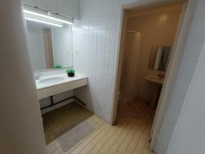 Baño blanco con lavabo y espejo en Spacious economic Center Porto Flat, en Oporto