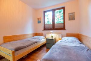 カルパチにあるApartament Przy Szlaku, bezpłatny parkingの窓のある部屋にツインベッドが2台
