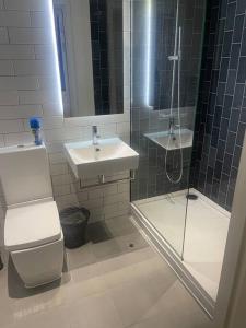 a bathroom with a shower and a toilet and a sink at Stunning 2 Bedroom Apartment in London