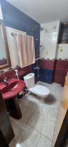 a bathroom with a red sink and a toilet at Dhanmondi Furnished Lake View Apartment in Dhaka
