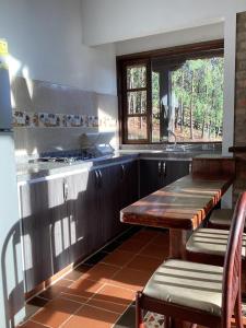 伊薩的住宿－Cabaña Villalmira，厨房配有木桌和台面