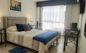 1 dormitorio con 1 cama y ventana con TV en MENDOZA SUITES en Mendoza