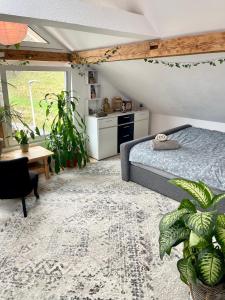 um quarto com uma cama, uma mesa e plantas em Old Farmhouse Loft near Vaduz em Sevelen