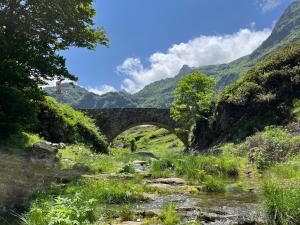 an old stone bridge over a river in a valley at Appartement Station de ski - Les Agudes - 6 pers in Gouaux-de-Larboust