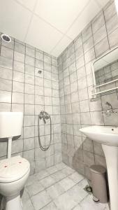 La salle de bains est pourvue de toilettes et d'un lavabo. dans l'établissement Dezudava Family Hotel, à Sandanski