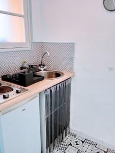 uma cozinha com um lavatório e uma bancada em Appartement cosy centre-ville. em Perpignan