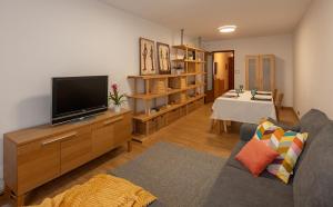 a living room with a couch and a flat screen tv at APARTAMENTO BIENESTAR in A Estrada