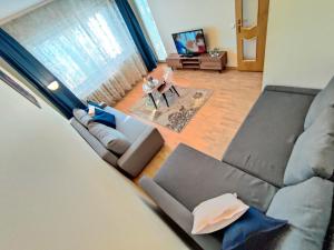 - Vistas a la sala de estar con sofá en Musninkų apartment near Akropolis, en Vilna