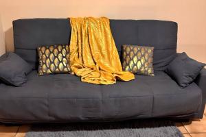 - un canapé noir avec une couverture jaune dans l'établissement Maisonnette STUDIO I ROISSY CDG 10 min I PARC ASTERIX I CHATEAU DE CHANTILLY I PARIS, à La Chapelle-en-Serval
