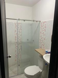 y baño con ducha, aseo y lavamanos. en Hotel Samark Valledupar, en Valledupar