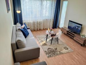 a living room with a couch and a tv at Musninkų apartment near Akropolis in Vilnius