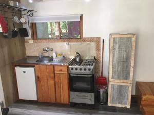 una pequeña cocina con fogones y fregadero en No Estamos Locos en Piriápolis