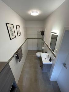 a bathroom with a sink and a toilet at Hochwertige Ferienwohnung im Bauernhaus in Freital