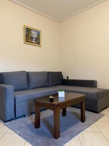 Αρτέμιδα Karpenisi Apartment في كاربنيسي: غرفة معيشة مع أريكة زرقاء وطاولة قهوة