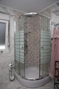 a shower with glass doors in a bathroom at Apartman Željka in Karlovac