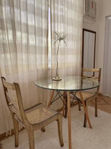una mesa de cristal con una silla y una planta en ella en Studio Copa, en Río de Janeiro