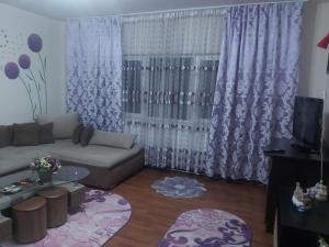 a living room with a couch and a purple curtain at Apartament Sarah in Oţelu Roşu