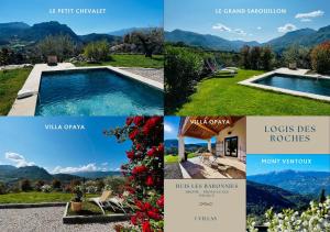 un collage di foto di una piscina e di montagne di LOGIS DES ROCHES - 3 VILLAS VUE EXCEPTIONNELLE - Le Petit Chevalet, Le Grand Sabouillon & la Villa Opaya a Buis-les-Baronnies