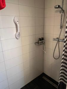 a bathroom with a shower with a phone on the wall at Thuis op Texel in Den Burg