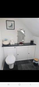 een badkamer met een wit toilet en een spiegel bij Ensuite spare room in family home Dudley in Sedgley