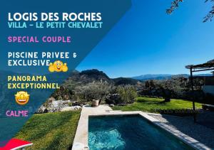 a villa with a swimming pool and mountains in the background at LOGIS DES ROCHES - 3 VILLAS VUE EXCEPTIONNELLE - Le Petit Chevalet, Le Grand Sabouillon & la Villa Opaya in Buis-les-Baronnies