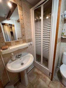 a bathroom with a sink and a shower and a toilet at Chalet Duplex vue sur le lac et pied des pistes in Les Angles