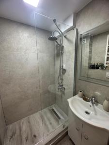 a bathroom with a shower and a sink at Angel House in Deva