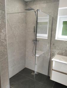 a shower with a glass door in a bathroom at Au fil de l'eau in Lapoutroie