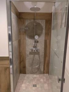 eine Dusche mit Glastür im Bad in der Unterkunft Maisonnette Du Mas Vert in Montaren-et-Saint-Médiers