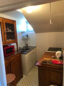 a small kitchen with a sink and a microwave at Appartement montagne Le Revard in Pugny-Chatenod
