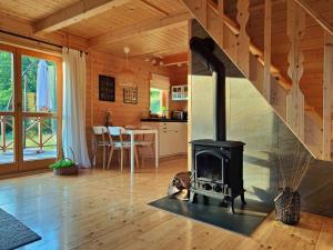 uma sala de estar com um fogão a lenha numa casa em Ogród Weigla em Janowice Wielkie