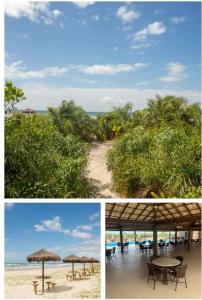 twee foto's van een strand met tafels en parasols bij Alugo Apto Pé na Areia em Ilhéus, Próx a Itacaré. in Ilhéus