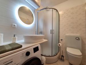 a bathroom with a shower and a sink and a toilet at Apartment Harmonia in Dramalj