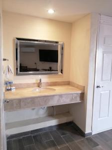 a bathroom with a sink and a mirror at Hotel Express Inn in Sabinas