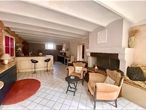 a living room with a couch and a fireplace at Les Lauriers centre ville avec jardin in Nyons