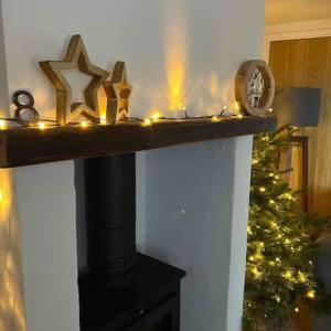 a fireplace with christmas lights and a christmas tree at Beautiful Rural Cottage by the Coast in East Portlemouth