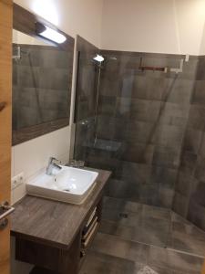 ein Bad mit einem Waschbecken und einer Dusche in der Unterkunft Haus Bergjuwel in Huben