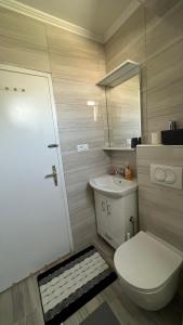 a bathroom with a toilet and a sink and a mirror at Apartman “ Ismar “ in Travnik +10 photos