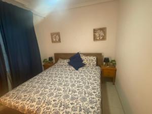 een slaapkamer met een bed met een blauw kussen bij Apartment Siyar verde Rojales Benijofar 2 bedrooms with communal pool in Rojales