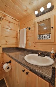 La salle de bains est pourvue d'un lavabo dans une cabane en rondins. dans l'établissement Thomas Cabin Forest Tiny Cabin With Hot Tub, à Chattanooga