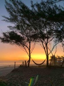 阿拉亞爾多卡博的住宿－Chalé Aloha Ihul ! O paraíso pé na areia !，日落时分海滩上的两棵树和吊床