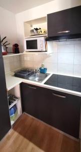 een kleine keuken met een wastafel en een magnetron bij Appartement Duplex T3 6 personnes les Orres 1800 Tout Confort Pied des Pistes in Les Orres