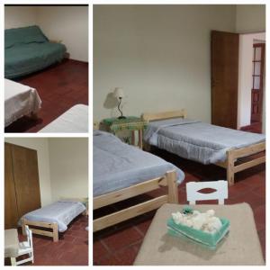 three pictures of a bedroom with two beds and a table at La Ilusión in Campos Salles
