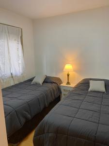ein Schlafzimmer mit 2 Betten und einer Lampe auf einem Tisch in der Unterkunft Departamento Centrico 2 dormitorios in Neuquén